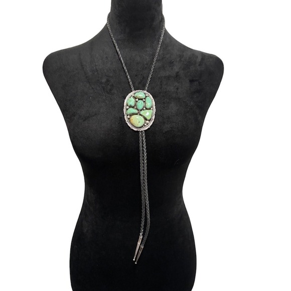 MT Other - Sterling Silver Turquoise Bolo Tie Mens OS Green Southwestern Signed MT
